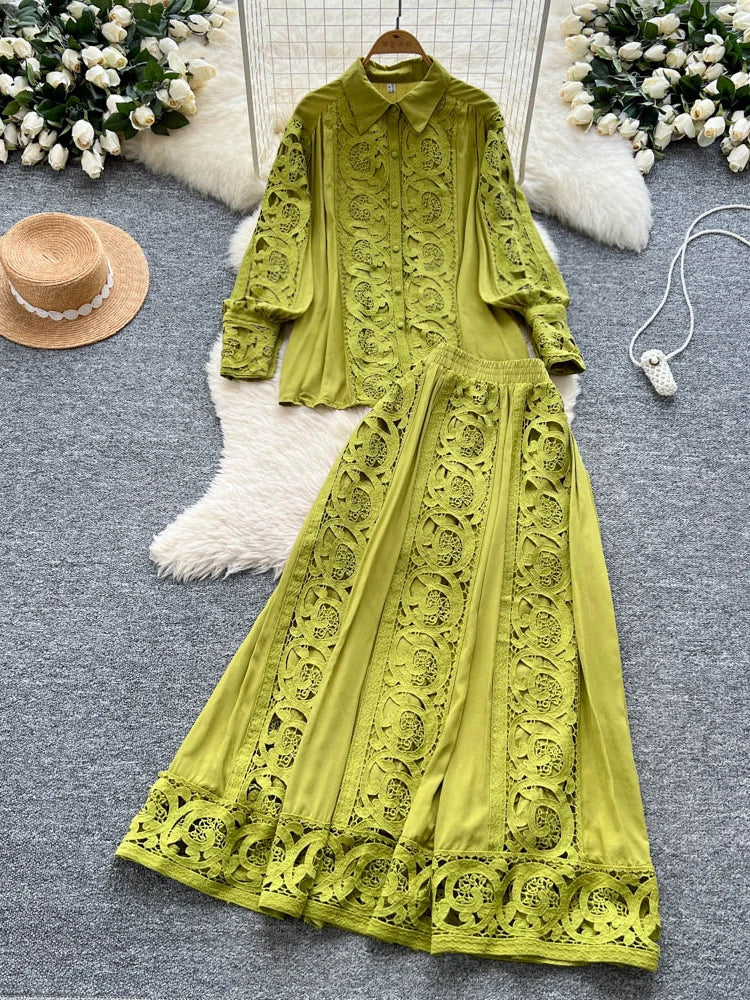 Elegant Lace Hollow out Long Sleeve Shirt And High Waist Half Skirt Two Piece Set for Women Fashionable And Stylish Ensemble