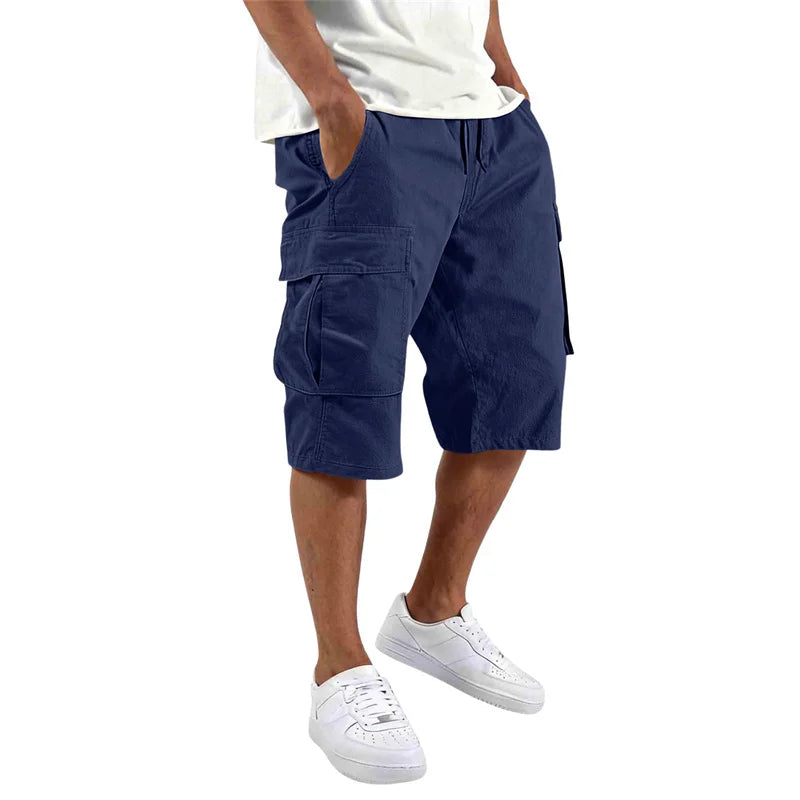 Summer Men Loose Straight Pants Casual Multi-Pocket Shorts Pure Color Fashion Men Shorts Drawstring Daily Cargo Short Pants