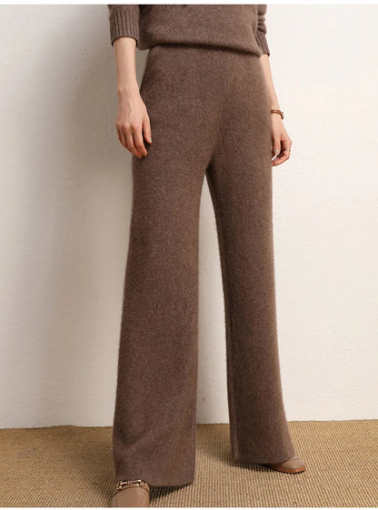 Women's 100% Cashmere Wide Leg Pants Knitted Thick Autumn/Winter Casual Solid Color Elastic Waistband Pockets