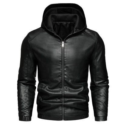 Men's Casual Black Hooded PU Leather Biker Jacket