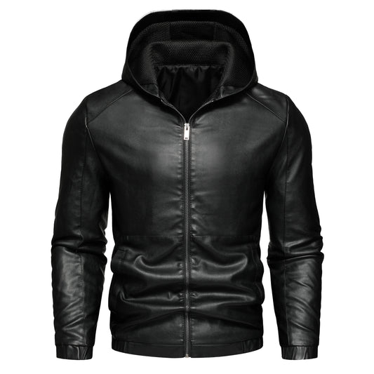 Men's Casual Black Hooded PU Leather Biker Jacket