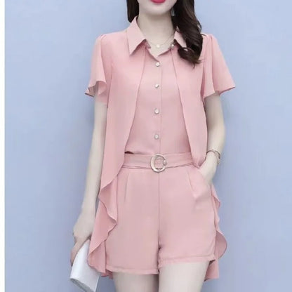 Ladies Fashion Fake Two-piece Top Shorts Loose Temperament and Age Reducing Set Office Lady Simplicity Trend Temperament