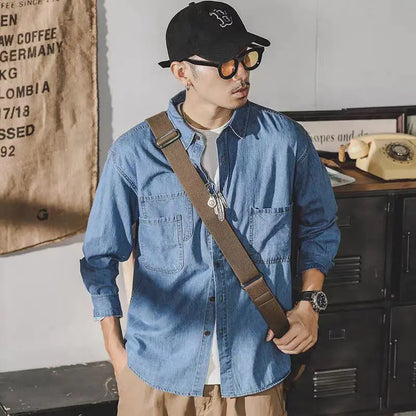 American Retro Tooling Shirt Men's Long-sleeved Spring and Autumn New Trendy Brand Loose Casual Shirt Men's Denim Jacket Men