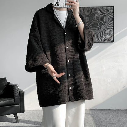 Ice Silk Shirt Men's High Quality Summer Fashion Brand ins 5-sleeve shirt loose casual masculina camisas hombre