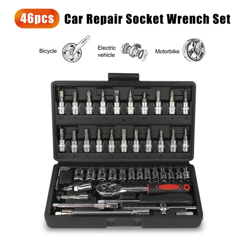 46Pcs Car Repair Tool Kit 1/4-Inch Socket Set Car Repair Tool Ratchet Torque Wrench Combo Auto Repairing Set Mechanic Tool