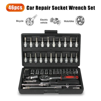46Pcs Car Repair Tool Kit 1/4-Inch Socket Set Car Repair Tool Ratchet Torque Wrench Combo Auto Repairing Set Mechanic Tool