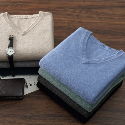 100% Cashmere Sweater Men's V-Neck Knit Pullover 2025 Spring/Autumn New Solid Color Long Sleeved Tops Business Casual Menswear