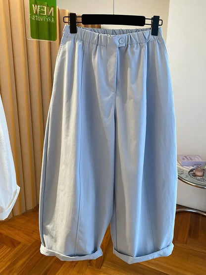 Summer Women White Balloon Pants Elastic Waist Loose Wide Leg Cropped Casual Trousers Lazy Style Hide Fat Breathable Daily Psnts
