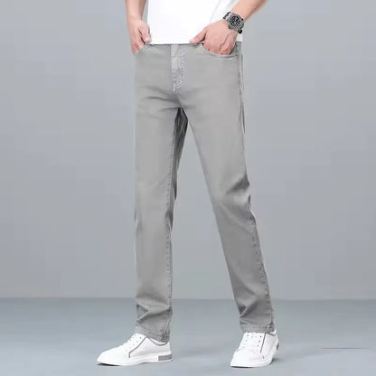 Classic Men's High Waist Cotton Jeans Summer Thin Fitted Straight Business Casual Denim Work Trousers Blue Gray