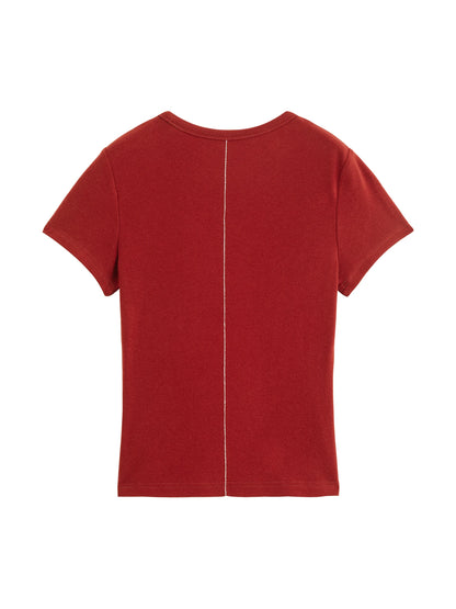 ZIQIAO Elastic Solid Basics Short-sleeved Slim-fit Knit T-shirt for Women New Summer 2026 Design Red Top Daily BF