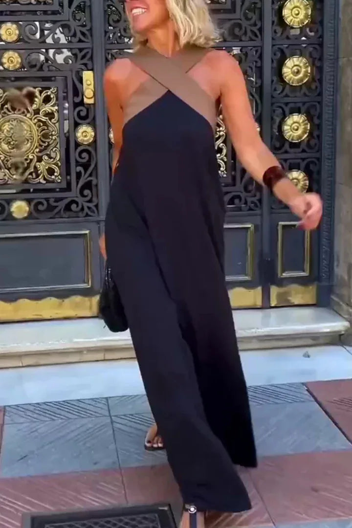 Women's Long Cross Dress Skirt European Style Mid-Waist A-Line Dress Polyester Fabric No-Sleeve Business Wear Single Piece