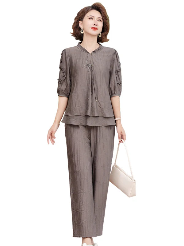 Mother's Day Fashionable Summer Outfit Set Casual Short Sleeve Two-Piece Suit for Middle-Aged Women Polyester Fiber V-Neck