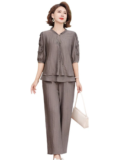 Mother's Day Fashionable Summer Outfit Set Casual Short Sleeve Two-Piece Suit for Middle-Aged Women Polyester Fiber V-Neck