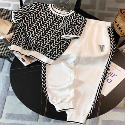 Fashion Suit Women's Summer New Item, High-end Feeling, Age Reducing Short Sleeved Casual Leg Tied Pants Two-piece Set Pant Sets