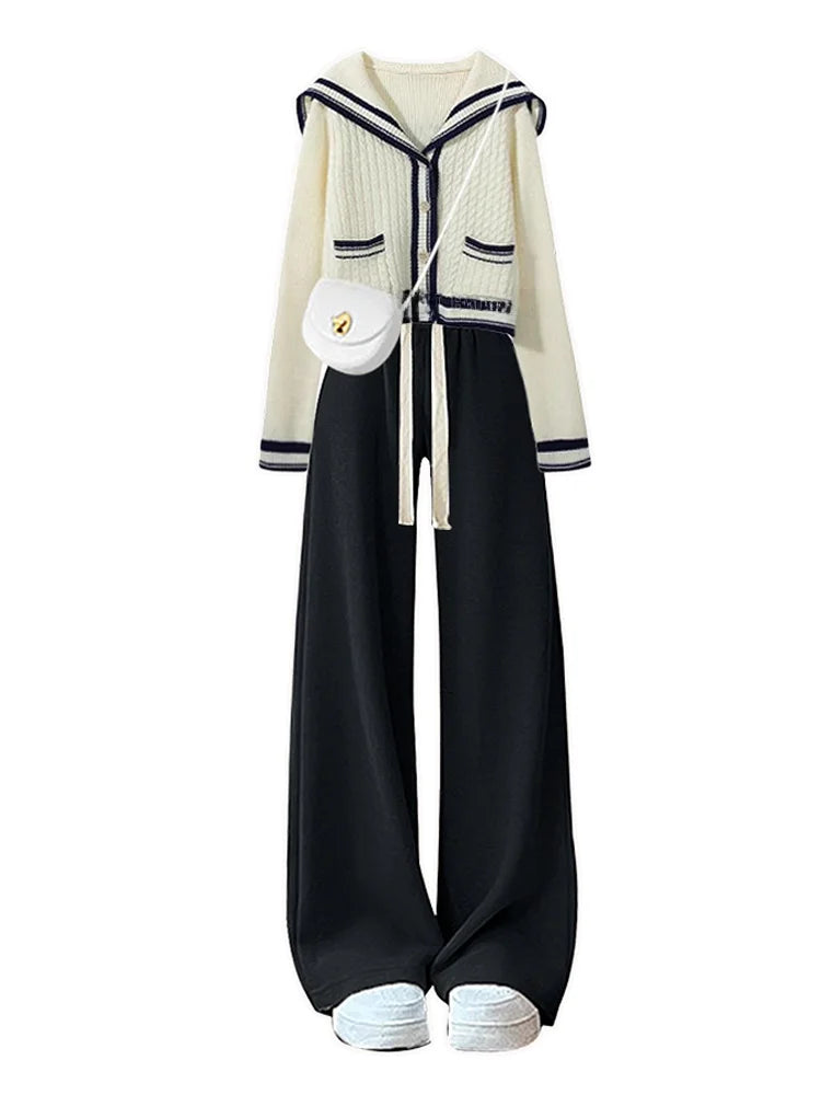 Slimming Wide Leg Pants Navy Collar Knitted Sweater Set Anti-Aging Autumn Fashion College Style Women's Two-Piece Suit Ensemble