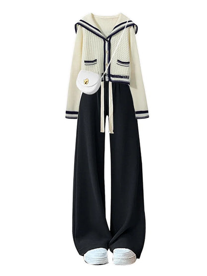 Slimming Wide Leg Pants Navy Collar Knitted Sweater Set Anti-Aging Autumn Fashion College Style Women's Two-Piece Suit Ensemble