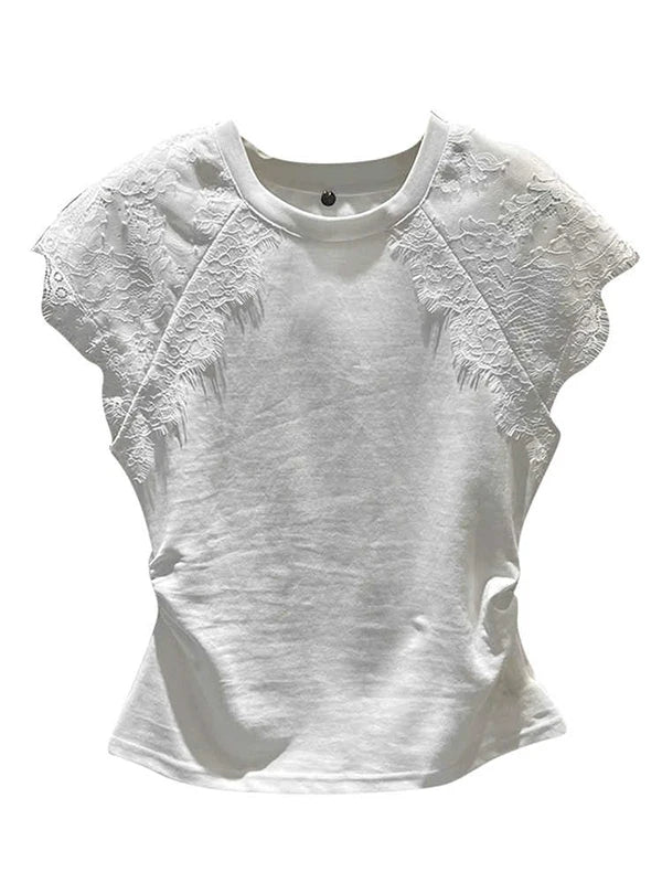 Retro Black Lace Mesh Short Sleeve Top Women Summer Fly Sleeve Short T-Shirt Outlet Store Printed Slim Fit Cotton Polyester