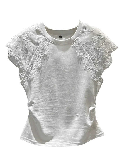 Retro Black Lace Mesh Short Sleeve Top Women Summer Fly Sleeve Short T-Shirt Outlet Store Printed Slim Fit Cotton Polyester