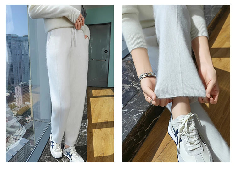 100% mink wool knitted high-waisted pencil pants women's casual autumn and winter new warm solid color thick cashmere pants