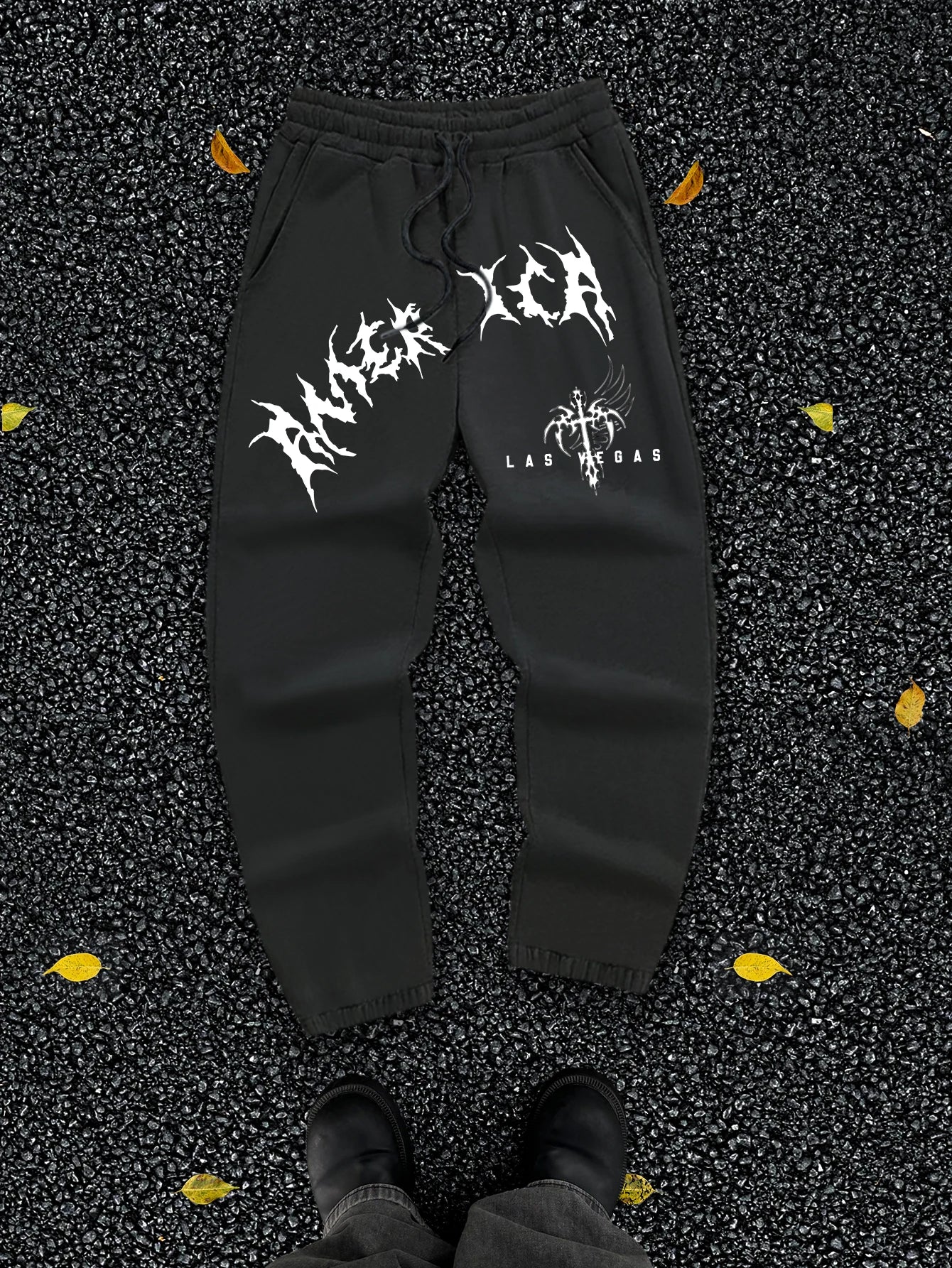 Men's Gothic Jagged Metal Font Wing Cross Las Vegas Print Sweatpants Elastic Waist Soft Dark Punk Street Hip Hop Joggers