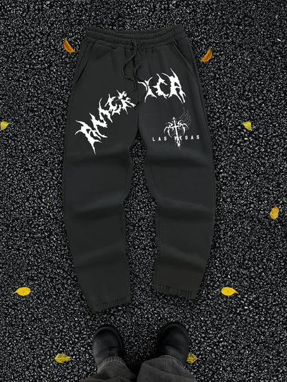 Men's Gothic Jagged Metal Font Wing Cross Las Vegas Print Sweatpants Elastic Waist Soft Dark Punk Street Hip Hop Joggers