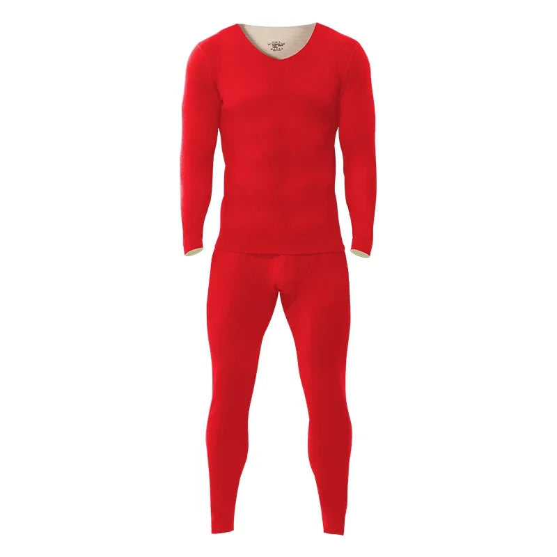Seamless thermal underwear set for men, V-neck, thickened and fleece-lined, winter cold-proof, tight-fitting wool base layer top