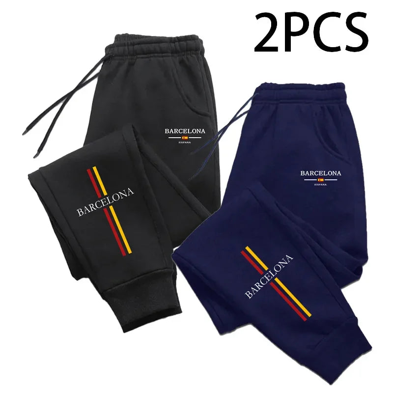 2pcs of 1 Pack Men's Sweatpants Barcenola Print Casual Sporty Jogger Pants Fall Winter Home Outdoor Comfort Warm Trousers 2 in 1