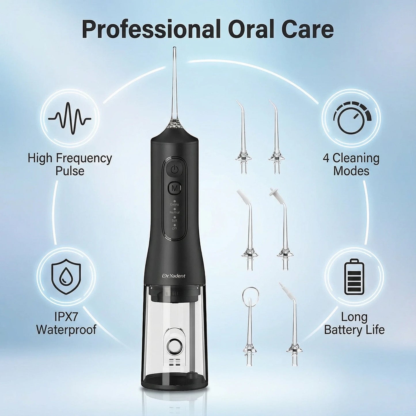 Dr.Yadent Intelligent Water Flosser DIY 4 Modes 6 Nozzles Waterproof IPX7 Oral Irrigator 350ML Water Tank Deep Cleaning Type C