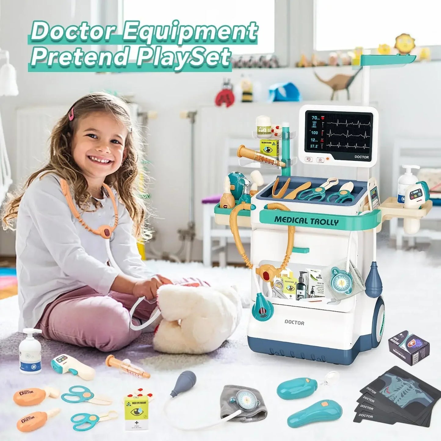 Doctor Kit Set Mobile Medical Station Cart with Injection Stethoscope Hospital Tool Doctor Role Play Toy Kid Birthday Xmas Gifts