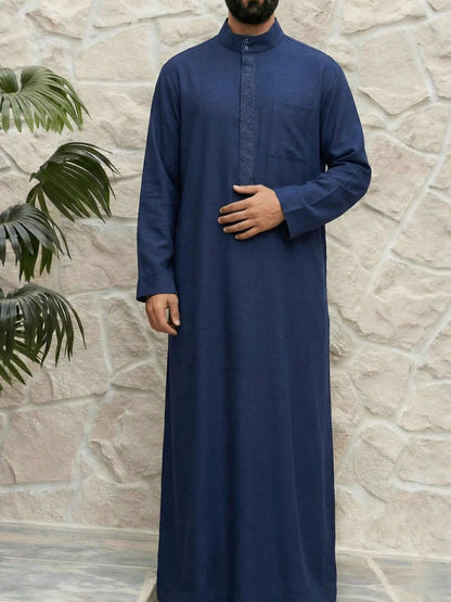 Men's Robe Solid Color Simple Long Sleeve Stand Collar Loose Saudi Islamic Men's Thobe