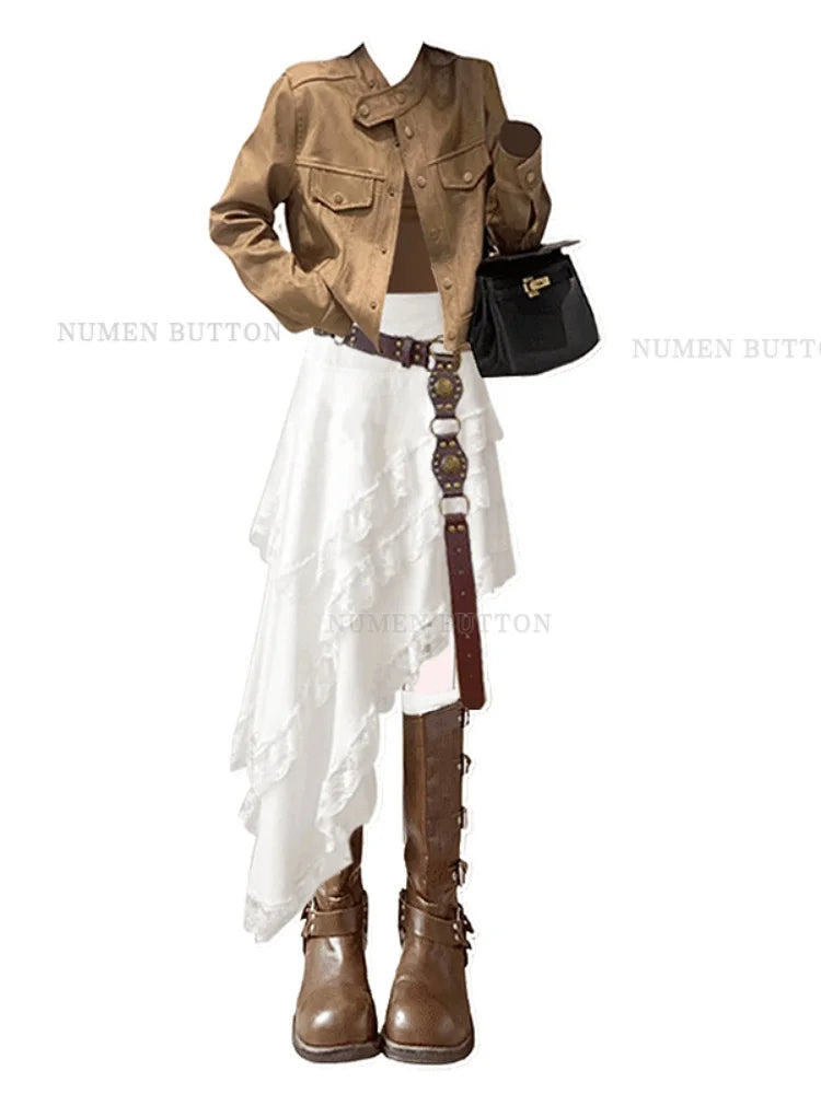 Bohemian Style Desert Jacket, Irregular Half Skirt Two-piece Elegant Women's Skirt Set Casual Suit for Women