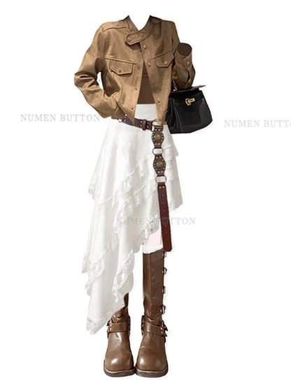 Bohemian Style Desert Jacket, Irregular Half Skirt Two-piece Elegant Women's Skirt Set Casual Suit for Women
