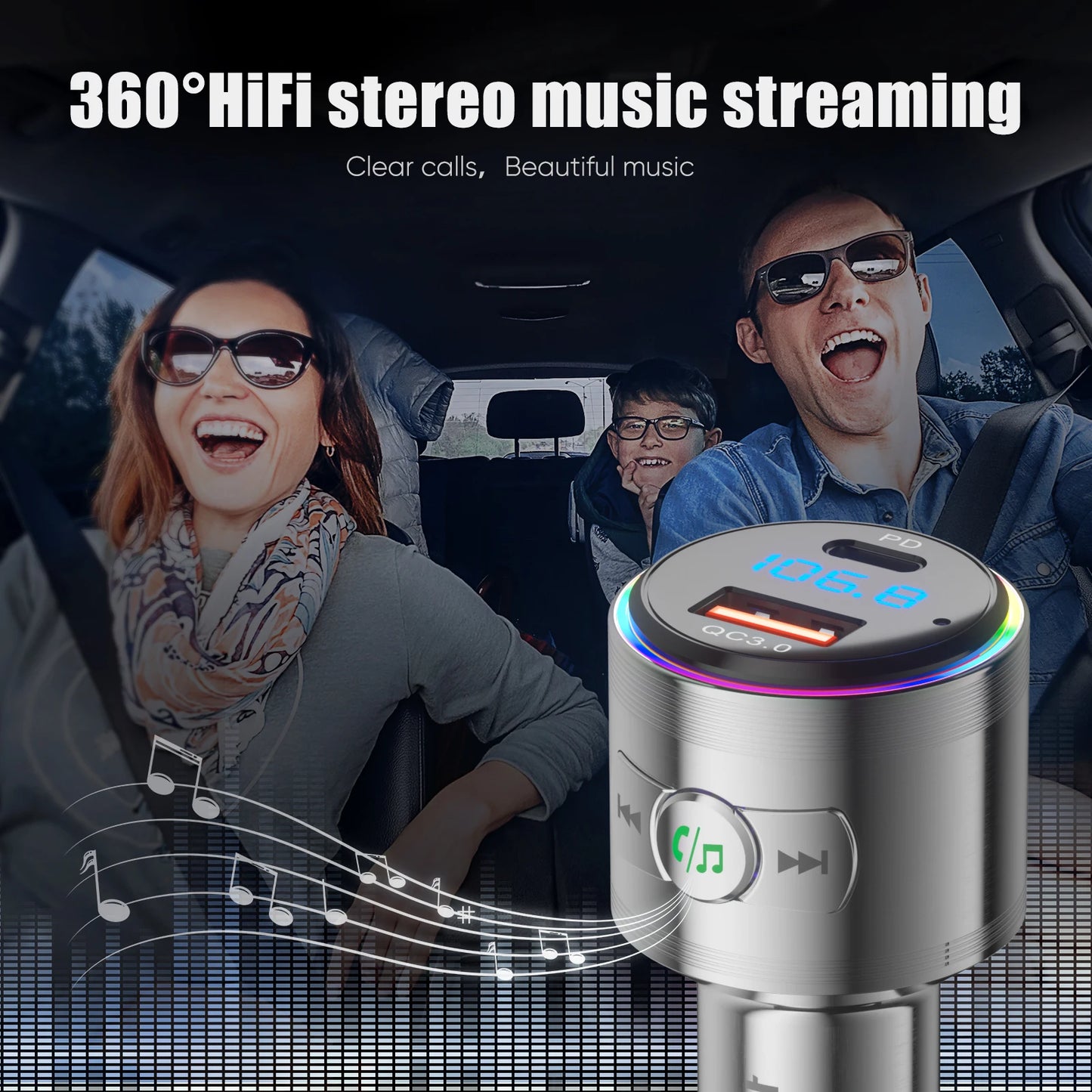 LENCENT Bluetooth 5.3 FM Transmitter Full Metal Bluetooth Car Adapter with PD 20W & QC3.0 Fast Charger Hi-Fi Music Adapter