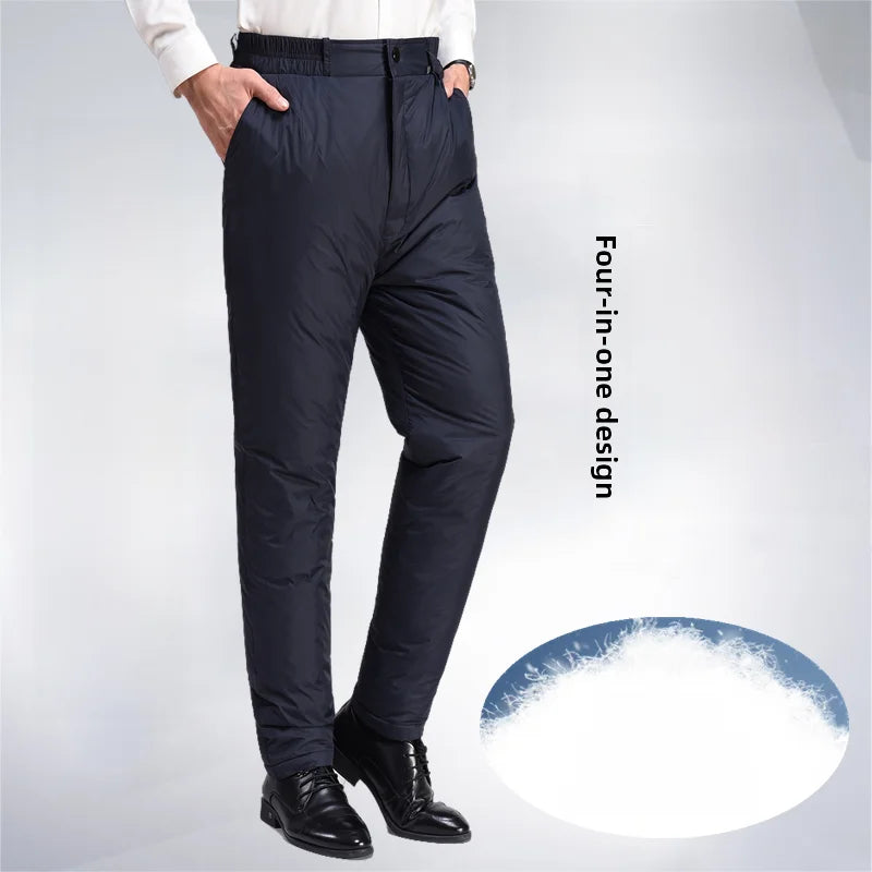 Men's down Pants Thick Warm Cold Resistant Elastic Waist Cotton Pants Outdoor Wear Loose White Duck down Middle Age Dad Pants