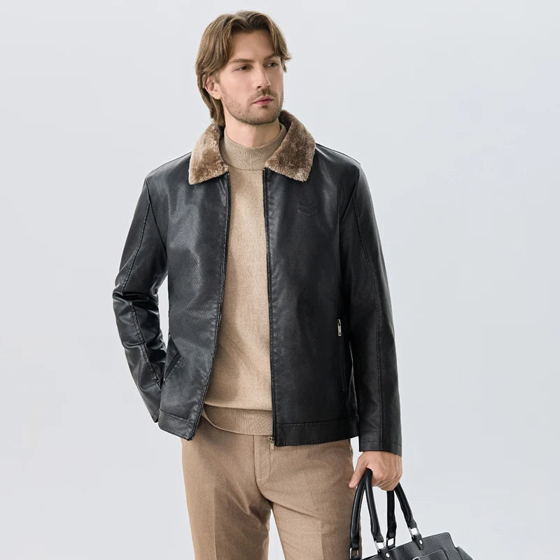 Men's Premium Faux Fur-Lined Leather Jacket - Black Winter Coat Thickened Warm Lining Business Casual Style M-7XL