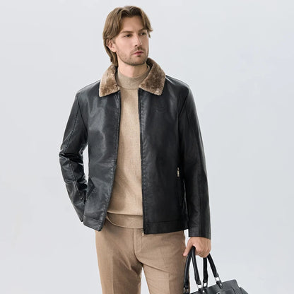 Men's Premium Faux Fur-Lined Leather Jacket - Black Winter Coat Thickened Warm Lining Business Casual Style M-7XL