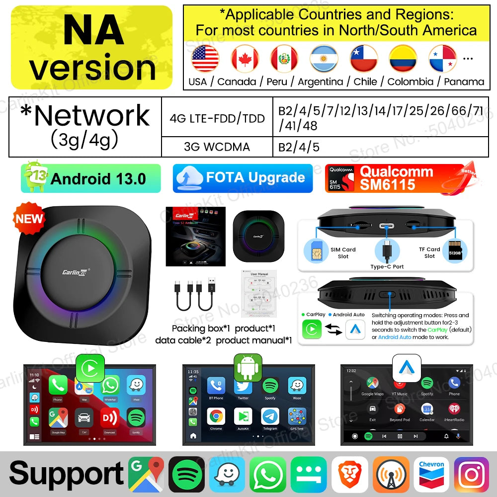 2026 CarlinKit Smart CarPlay Ai Box Android 13 Support Netflix YouTube Split Screen Wireless Android Auto & CarPlay Smart TV Box