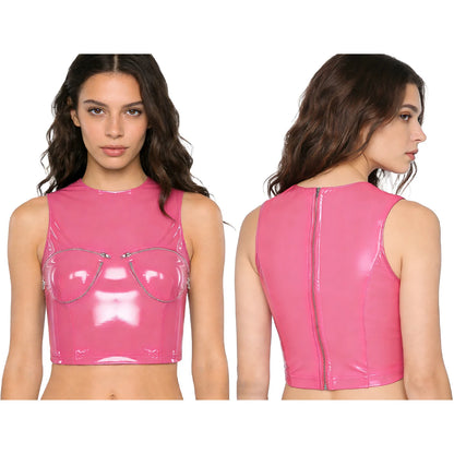 Womens Shiny PU Leather Front Zipper Crop Top Wet Look Crew Neck Sleeveless Back Zipper Slim Fit Tank Top Rave Party Blouse