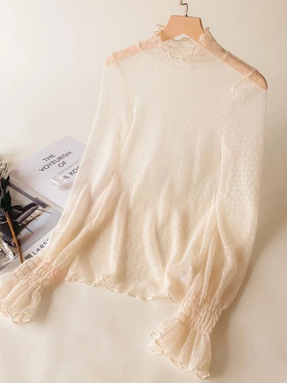 Women's Lace Base Shirt Long Sleeve High Collar Mesh Top 2023 Autumn Fashion Transparent Thin Film Inner Wear Versatile Slim Fit