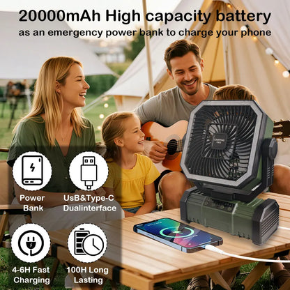 20000 mAh wireless battery-powered camping fan with LED light and remote control, 4 speeds, timer function, USB interface