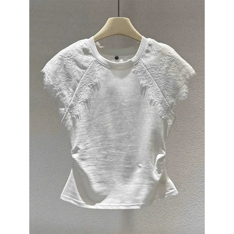 Retro Black Lace Mesh Short Sleeve Top Women Summer Fly Sleeve Short T-Shirt Outlet Store Printed Slim Fit Cotton Polyester