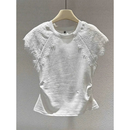Retro Black Lace Mesh Short Sleeve Top Women Summer Fly Sleeve Short T-Shirt Outlet Store Printed Slim Fit Cotton Polyester