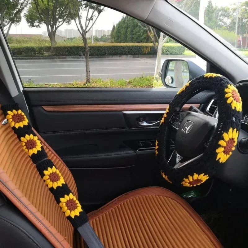 Warm Anti-Slip Hand Crocheted Flower Car Steering Wheel Cover Simple Stylish Winter Car Decor Safe Driving Seat Belt Accessory