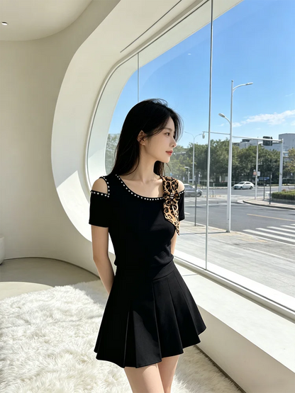 Summer New Off Shoulder Short sleeved T-shirt Korean Fashion Diamond Tops Slim Style Bowknot Women Shirt