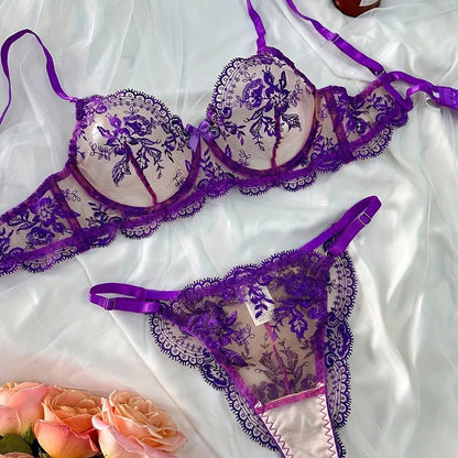 Floral Embroidery Transparent Lingerie Underwire Gather Ultra Thin Cup Sheer Bra Brief Set Pure Desire Women Intimate Nightwear