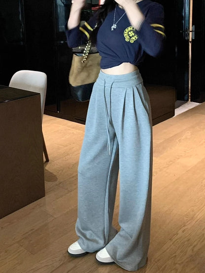 High Waist Wide Leg Sport Pants Women Loose Lazy Style Spring Autumn Casual Straight Long Trousers Comfortable High Waist