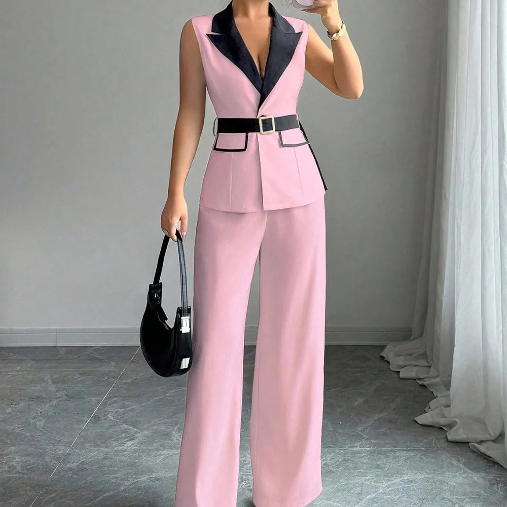 Women's Office Lady Ensemble Outfit Autumn Sleeveless Straight Leg Pants Set Classy Bandeau Elegant Style Top And Vest 2 Set