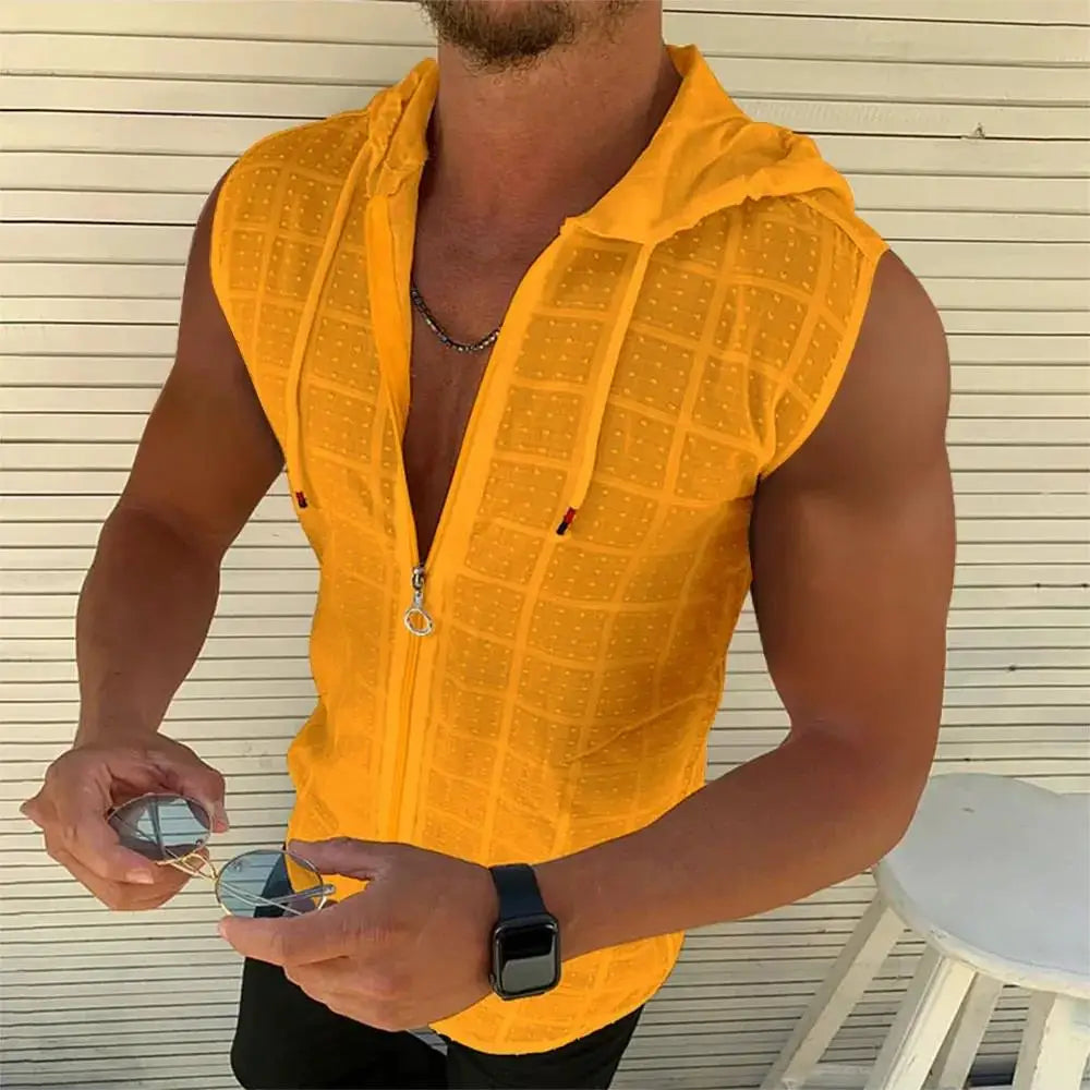 Summer Fashion Sleeveless/Long/Short Sleeved Hoodie Zipper T Shirt Casual Plaid Print Open Stitch Beach Sun Protection Clothing