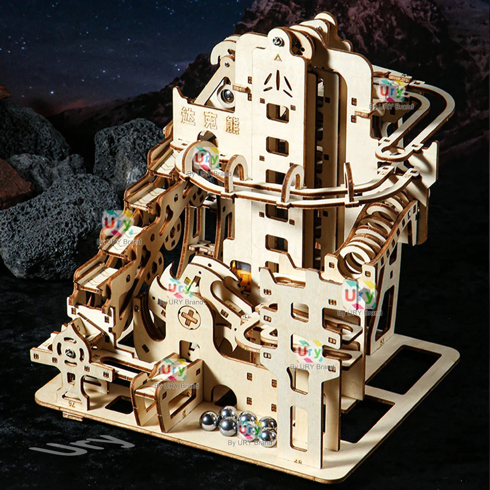 Ury 3D Wooden Puzzles Electric Catapult Track Device Marble Run Set Mechanical Model Science Maze 7 Balls Assembly Gift