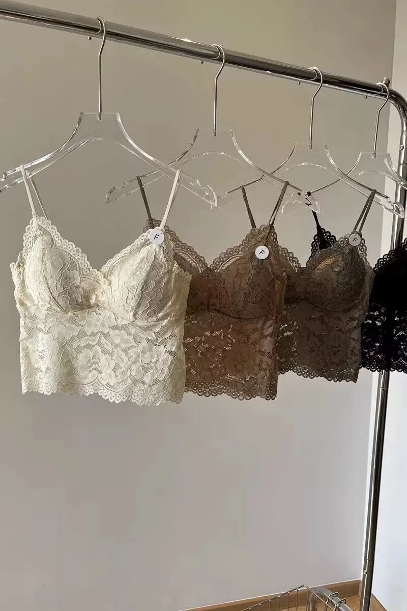 Lace Strap Women's Integrated Fixed Cup Sexy Back Vest Top Short Inner Wear Tank Top Bralette Comfortable Breathable Nylon